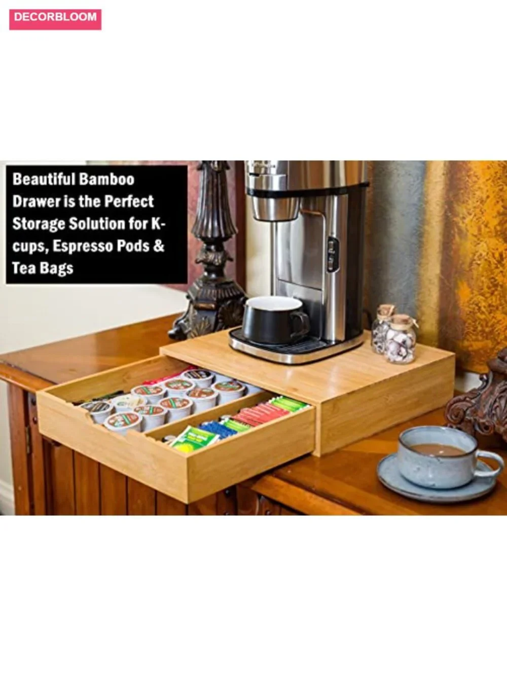 Bamboo K-Cup Holder with 4 Adjustable Dividers, 36 Pod Storage